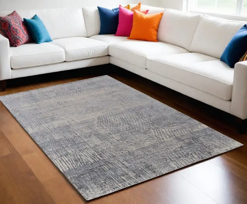Gray Ivory and Blue Abstract Hand Woven Worn Faded Area Rug Photo 1