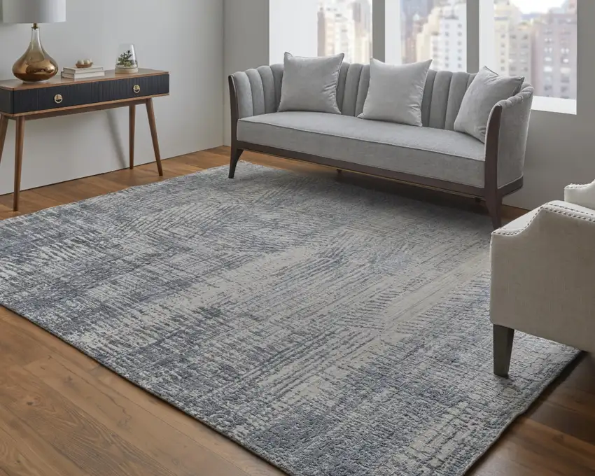 Gray Ivory and Blue Abstract Hand Woven Worn Faded Area Rug Photo 5