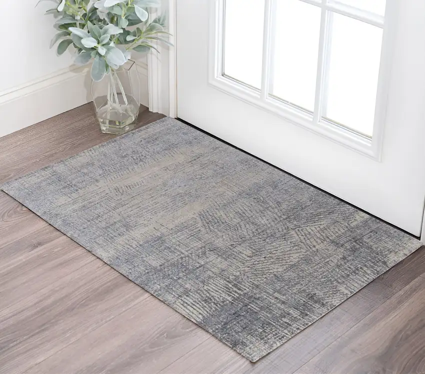 Gray Ivory and Blue Abstract Hand Woven Worn Faded Area Rug Photo 1