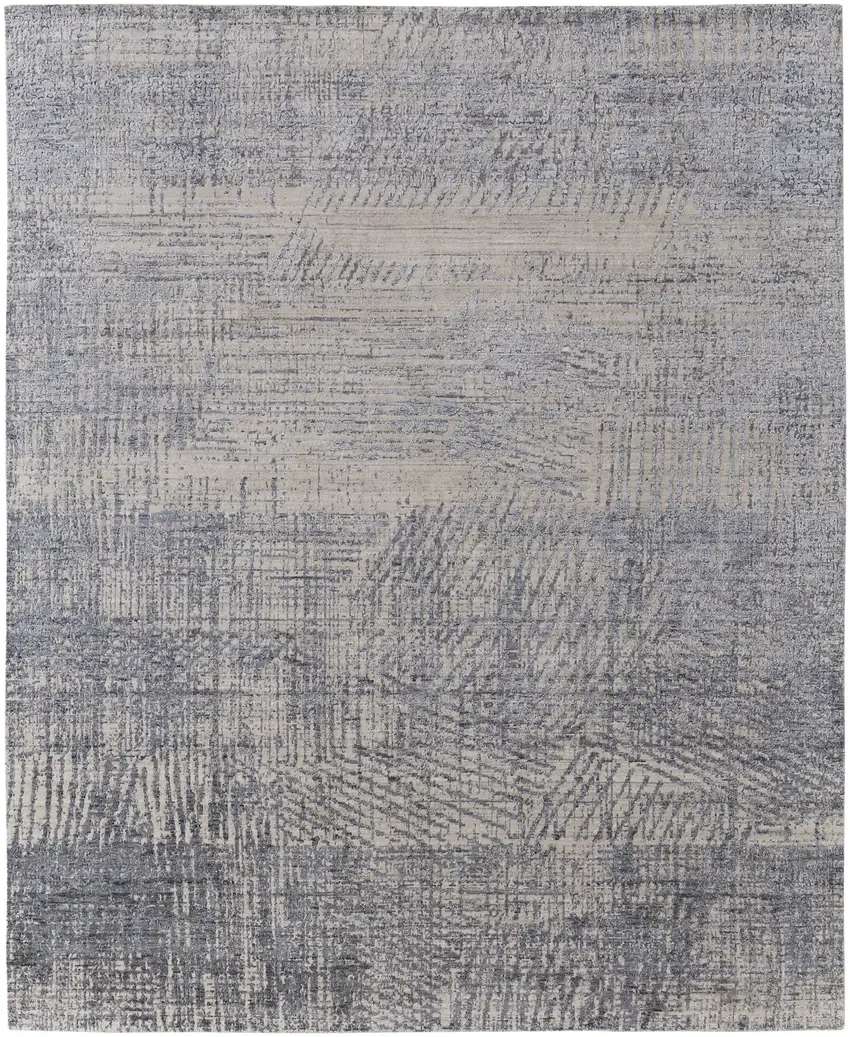 Gray Ivory and Blue Abstract Hand Woven Worn Faded Area Rug Photo 2