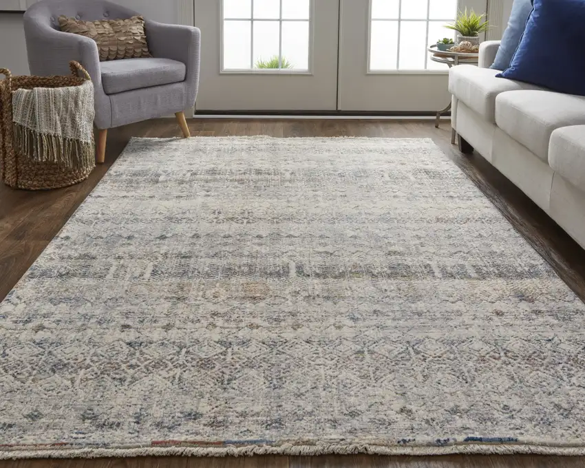 Gray Ivory and Blue Abstract Power Loom Worn Faded Area Rug With Fringe Photo 7