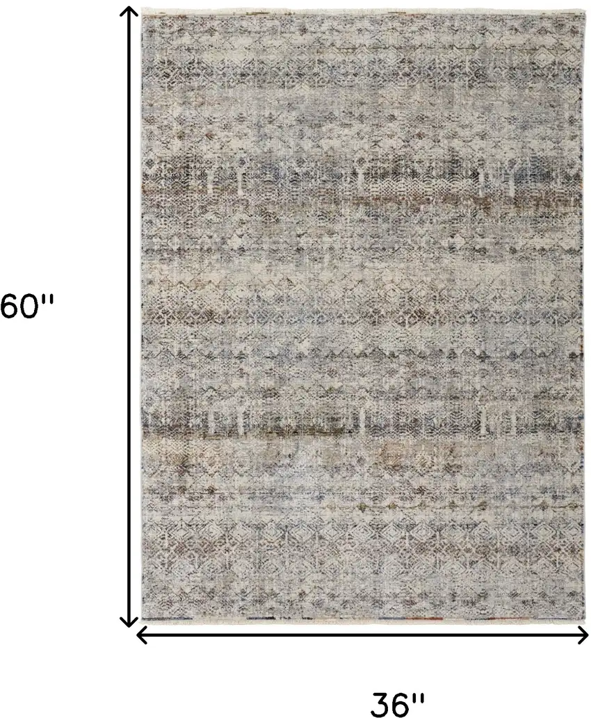 Gray Ivory and Blue Abstract Power Loom Worn Faded Area Rug With Fringe Photo 3