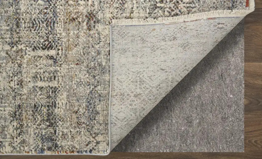 Gray Ivory and Blue Abstract Power Loom Worn Faded Area Rug With Fringe Photo 6