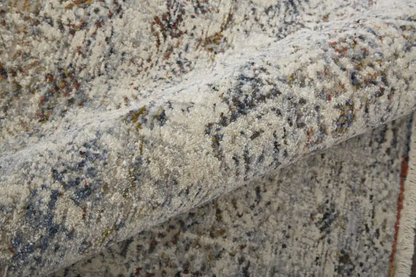 Gray Ivory and Blue Abstract Power Loom Worn Faded Area Rug With Fringe Photo 8