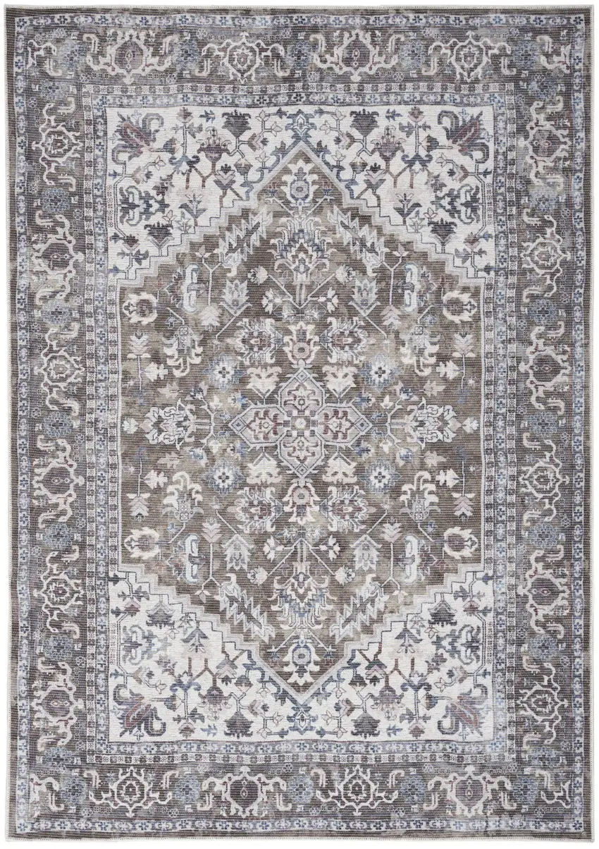 Gray Ivory and Blue Floral Distressed Washable Area Rug Photo 2