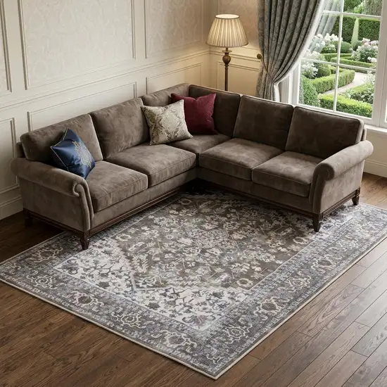 Gray Ivory and Blue Floral Distressed Washable Area Rug Photo 1