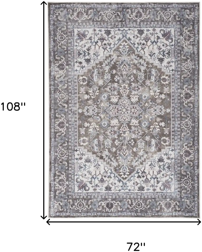 Gray Ivory and Blue Floral Distressed Washable Area Rug Photo 9