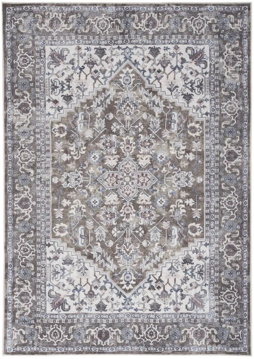 Gray Ivory and Blue Floral Distressed Washable Area Rug Photo 1