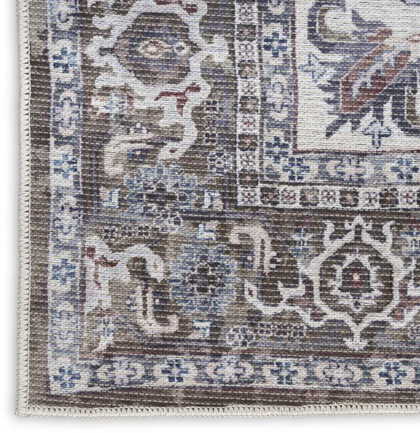 Gray Ivory and Blue Floral Distressed Washable Area Rug Photo 9