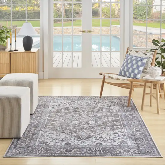 Gray Ivory and Blue Floral Distressed Washable Area Rug Photo 7