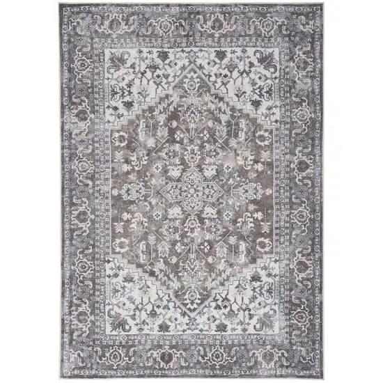 Gray Ivory and Blue Floral Distressed Washable Area Rug Photo 2