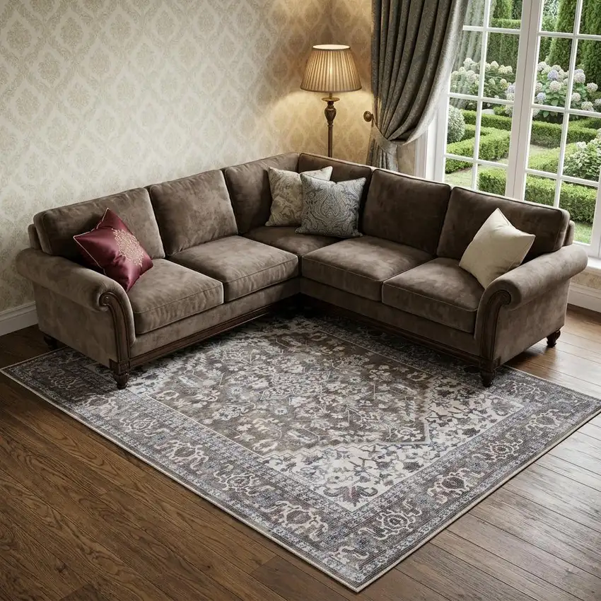 Gray Ivory and Blue Floral Distressed Washable Area Rug Photo 1