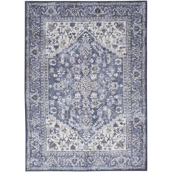Gray Ivory and Blue Floral Distressed Washable Area Rug Photo 9