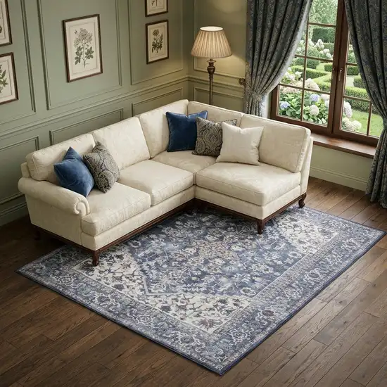 Gray Ivory and Blue Floral Distressed Washable Area Rug Photo 1