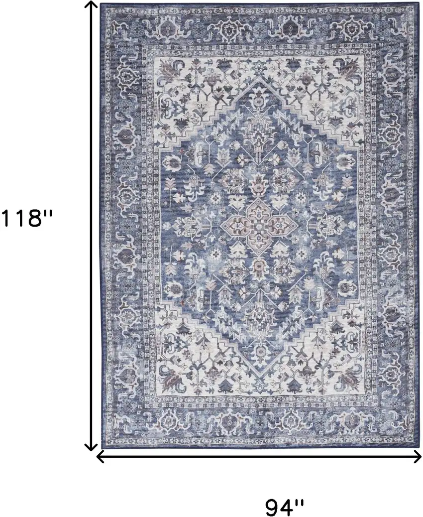 Gray Ivory and Blue Floral Distressed Washable Area Rug Photo 9