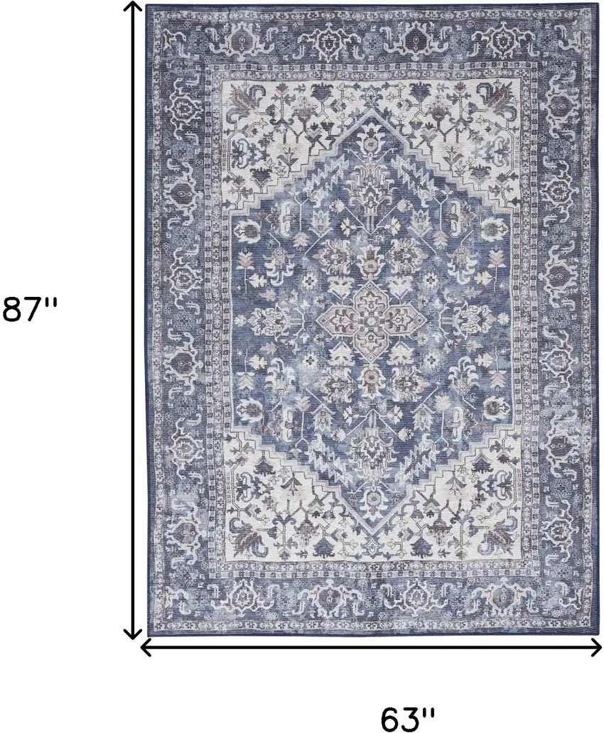 Gray Ivory and Blue Floral Power Loom Distressed Washable Area Rug Photo 9