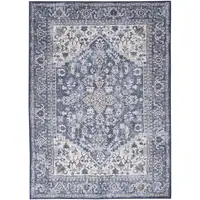 Photo of Gray Ivory and Blue Floral Power Loom Distressed Washable Area Rug