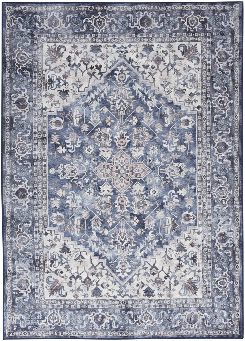 Gray Ivory and Blue Floral Power Loom Distressed Washable Area Rug Photo 1