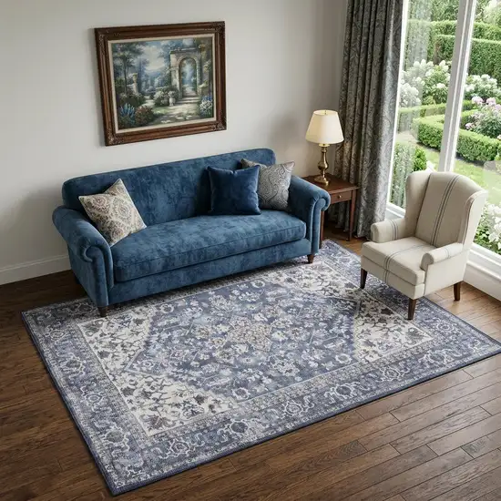 Gray Ivory and Blue Floral Power Loom Distressed Washable Area Rug Photo 1