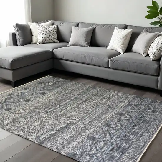 Gray And Ivory Geometric Hand Knotted Area Rug Photo 1