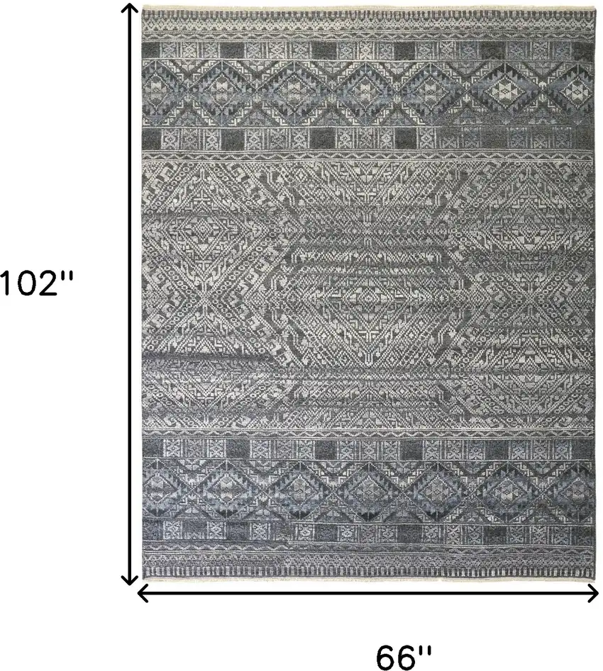 Gray Ivory and Blue Geometric Hand Knotted Area Rug Photo 3