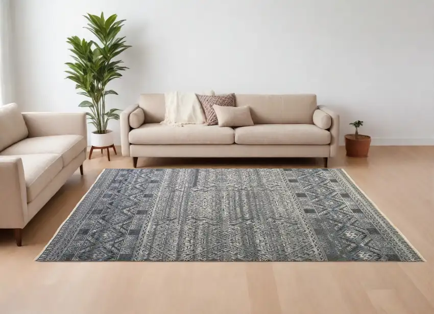 Gray Ivory and Blue Geometric Hand Knotted Area Rug Photo 1