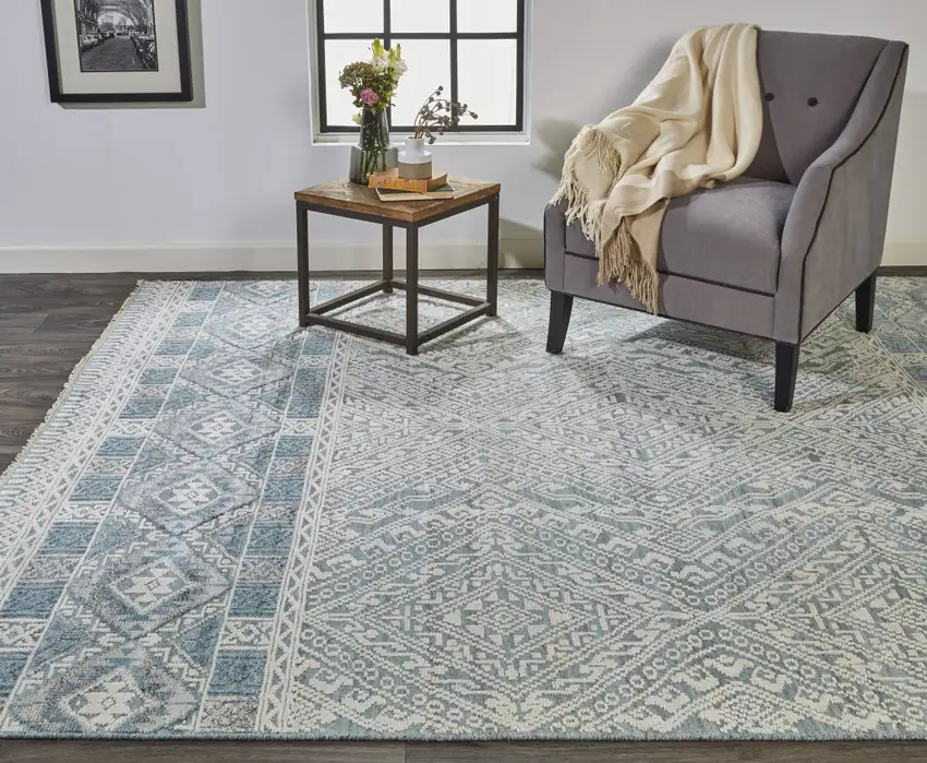 Gray Ivory and Blue Geometric Hand Knotted Area Rug Photo 8