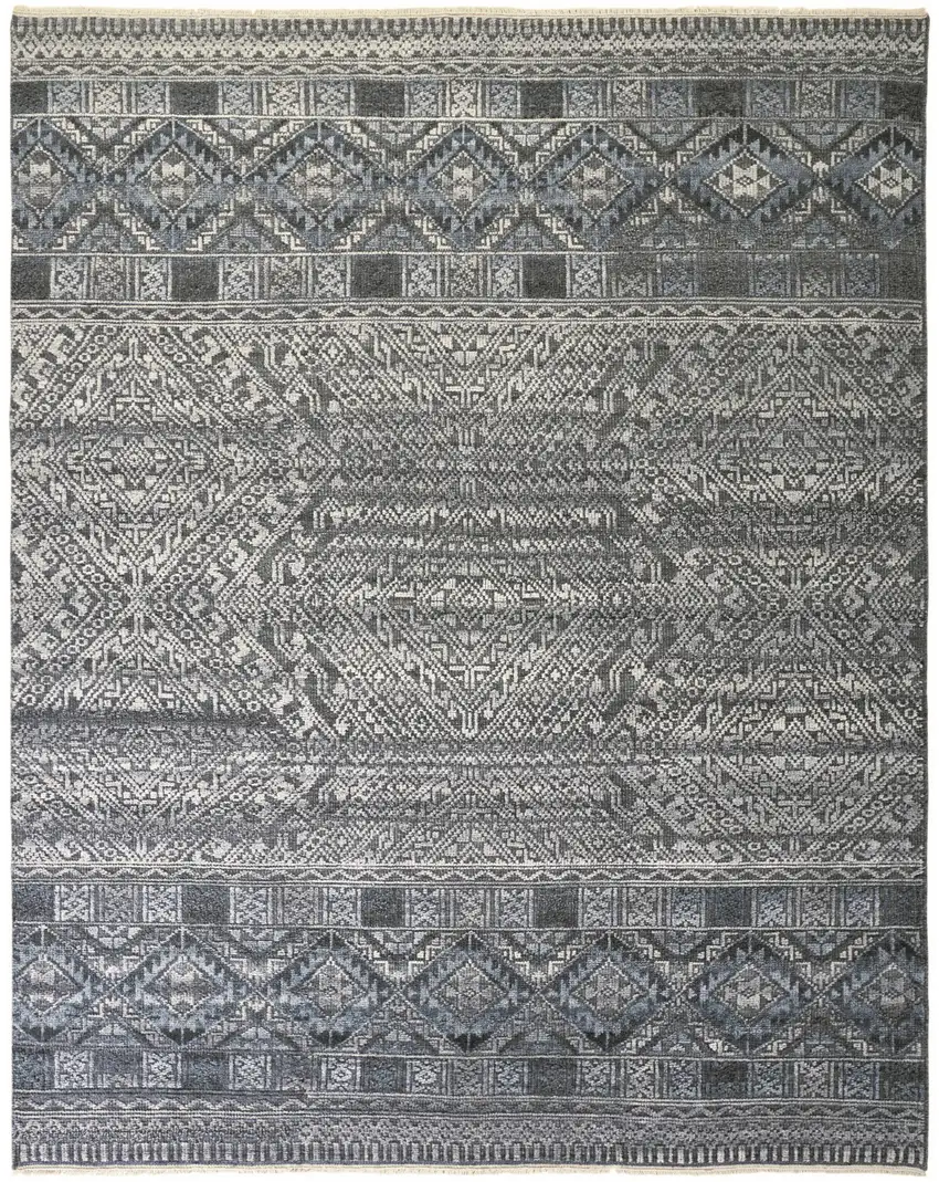 Gray Ivory and Blue Geometric Hand Knotted Area Rug Photo 2