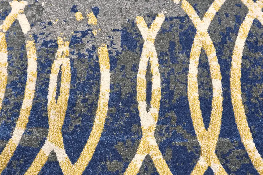 Gray Ivory and Blue Geometric Power Loom Worn Faded Area Rug Photo 6