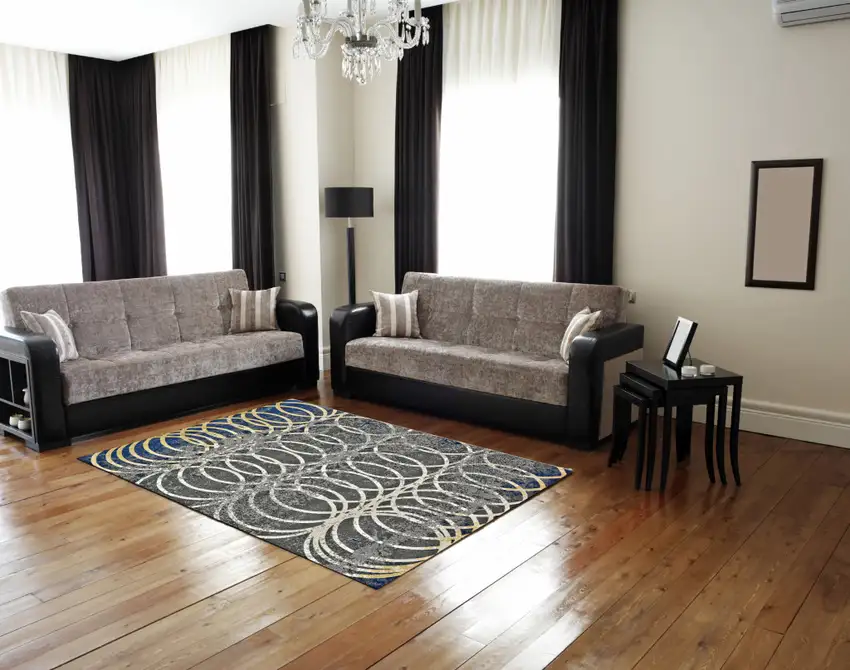 Gray Ivory and Blue Geometric Power Loom Worn Faded Area Rug Photo 9