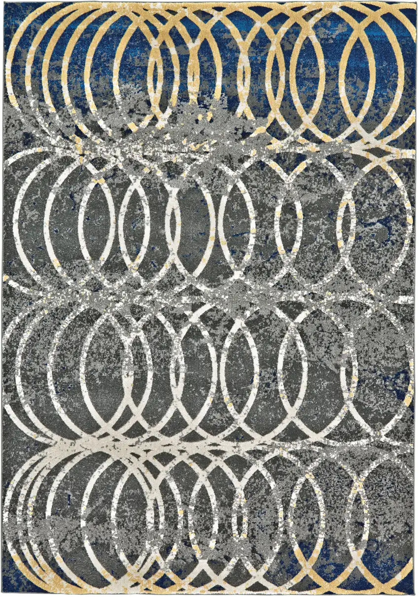 Gray Ivory and Blue Geometric Power Loom Worn Faded Area Rug Photo 4