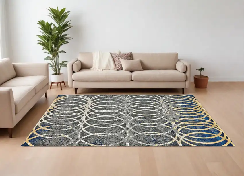 Gray Ivory and Blue Geometric Power Loom Worn Faded Area Rug Photo 1