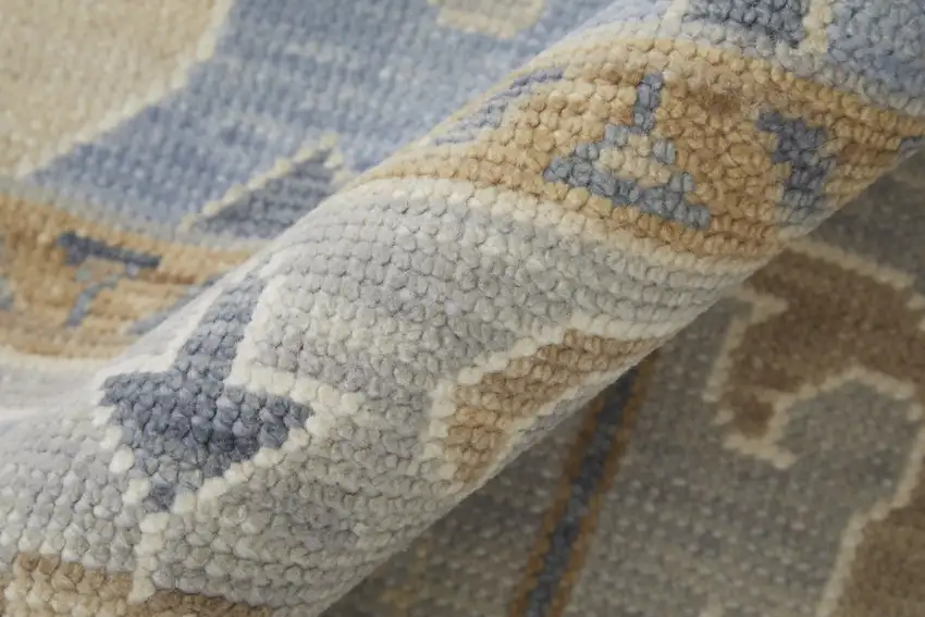 Gray Ivory and Blue Wool Floral Hand Knotted Area Rug With Fringe Photo 5