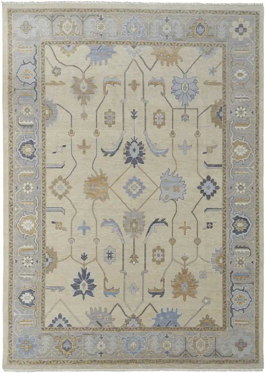 Gray Ivory and Blue Wool Floral Hand Knotted Area Rug With Fringe Photo 2