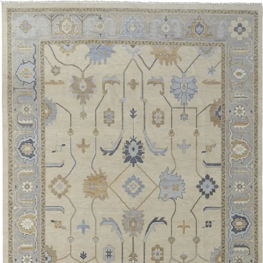 Gray Ivory and Blue Wool Floral Hand Knotted Area Rug With Fringe Photo 8