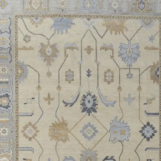 Gray Ivory and Blue Wool Floral Hand Knotted Area Rug With Fringe Photo 7