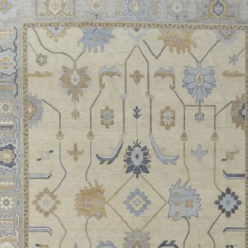 Gray Ivory and Blue Wool Floral Hand Knotted Area Rug With Fringe Photo 7
