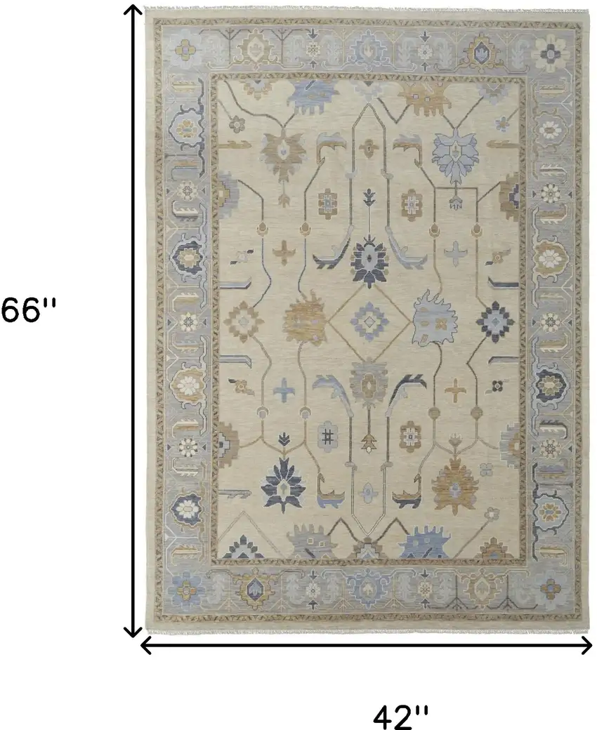 Gray Ivory and Blue Wool Floral Hand Knotted Area Rug With Fringe Photo 3