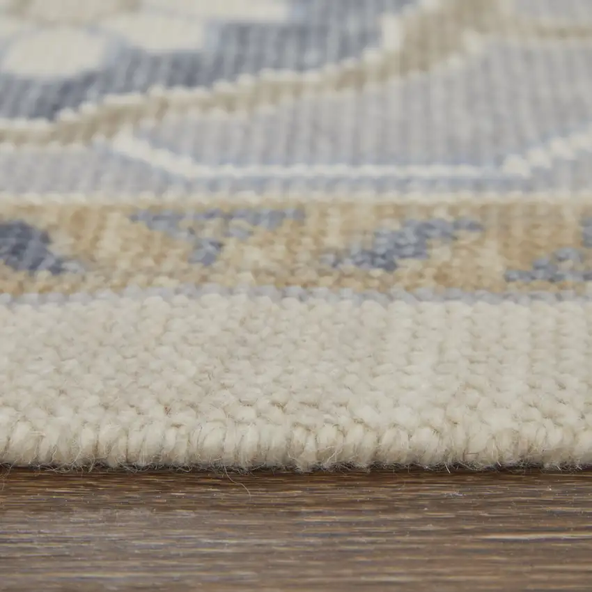 Gray Ivory and Blue Wool Floral Hand Knotted Area Rug With Fringe Photo 4