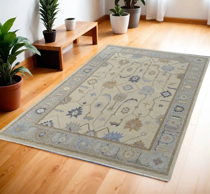Gray Ivory and Blue Wool Floral Hand Knotted Area Rug With Fringe Photo 1