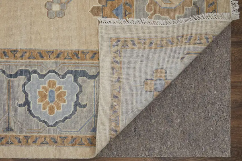 Gray Ivory and Blue Wool Floral Hand Knotted Area Rug With Fringe Photo 9