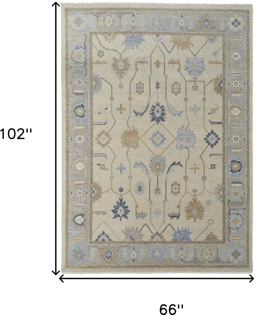 Gray Ivory and Blue Wool Floral Hand Knotted Area Rug With Fringe Photo 3