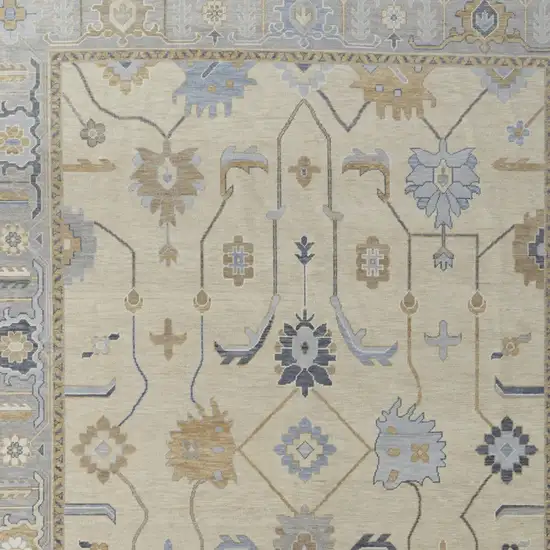 Gray Ivory and Blue Wool Floral Hand Knotted Area Rug With Fringe Photo 7