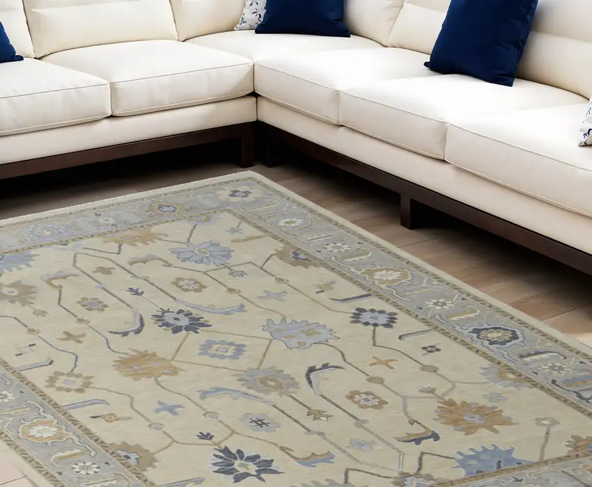 Gray Ivory and Blue Wool Floral Hand Knotted Area Rug With Fringe Photo 1