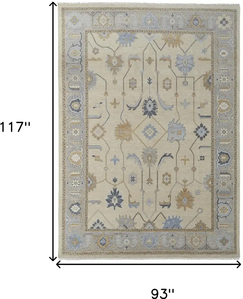 Gray Ivory and Blue Wool Floral Hand Knotted Area Rug With Fringe Photo 3