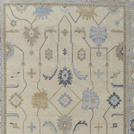 Gray Ivory and Blue Wool Floral Hand Knotted Area Rug With Fringe Photo 7