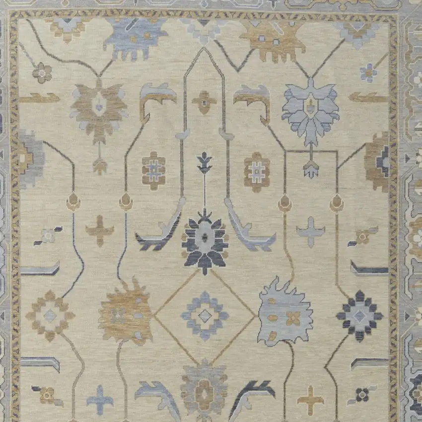 Gray Ivory and Blue Wool Floral Hand Knotted Area Rug With Fringe Photo 7