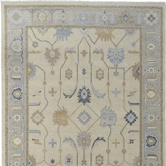 Gray Ivory and Blue Wool Floral Hand Knotted Area Rug With Fringe Photo 8