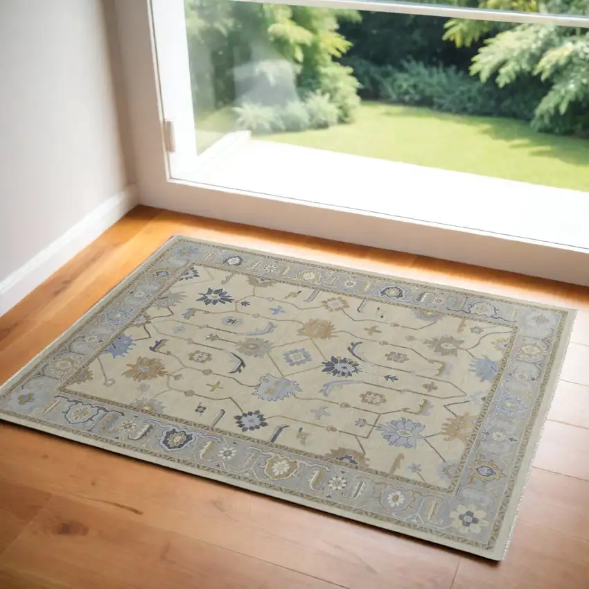 Gray Ivory and Blue Wool Floral Hand Knotted Area Rug With Fringe Photo 1