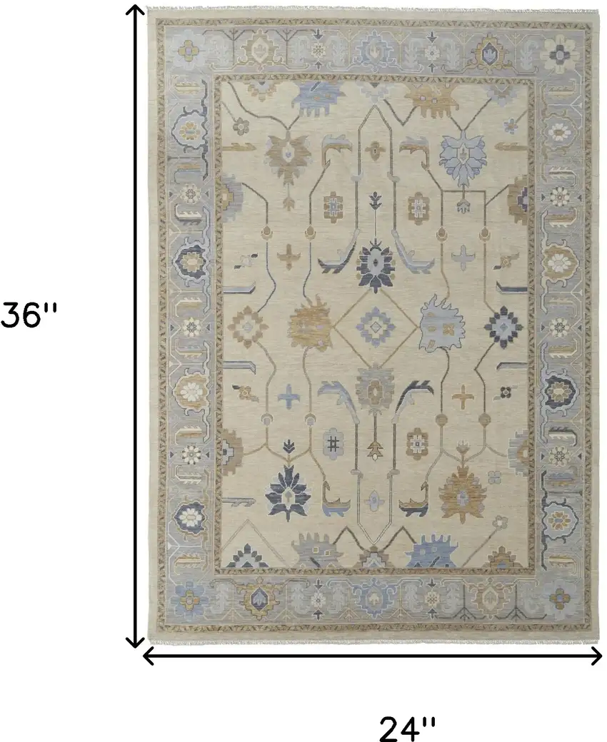 Gray Ivory and Blue Wool Floral Hand Knotted Area Rug With Fringe Photo 3